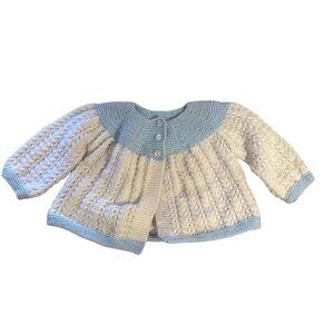 Handmade Baby Cardigan With Blue & White Knit Button Closure Long Sleeves 3 Mth